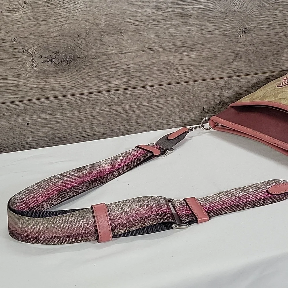 Coach Tan Signature Leather Crossbody with Burgundy Trim